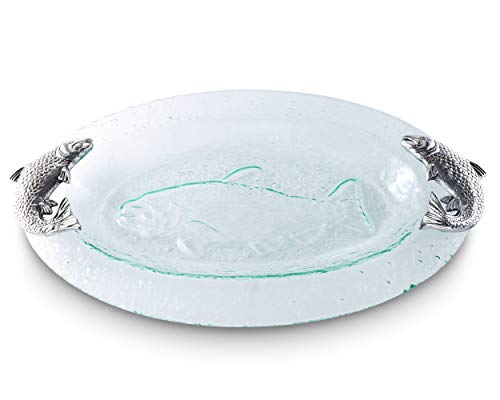 Arthur Court Designs Aluminum Salmon Fish Bagel Lox Glass Platter 20 inch x 11.5 inch