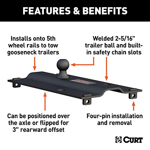 CURT 16055 Bent Plate 5th Wheel to Gooseneck Adapter Hitch, Fits Industry-Standard Rails, 25,000 lbs, 2-5/16-Inch Ball