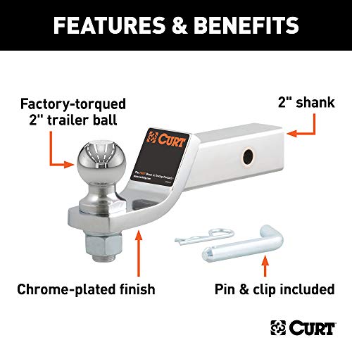 CURT 45295 Chrome Trailer Hitch Mount with 2-Inch Ball & Pin, Fits 2-In Receiver, 7,500 lbs, 2" Drop , black