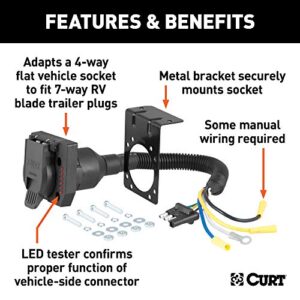 CURT 57676 4-Way Flat Vehicle-Side to 7-Way RV Blade Trailer Wiring Adapter with Tester