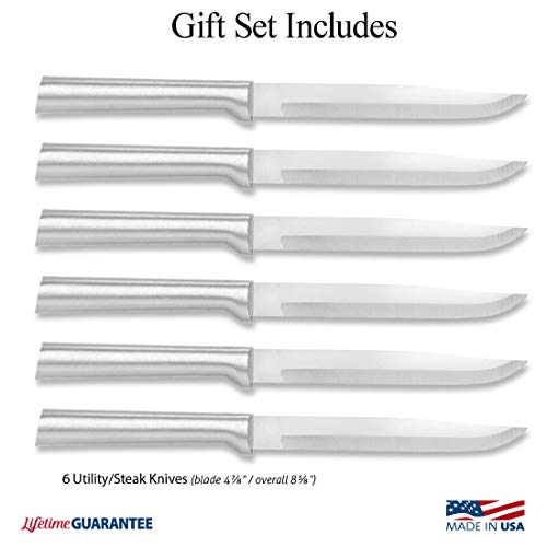 Rada Cutlery Utility Steak Knives Gift Set Stainless Steel Blades with Aluminum, Set of 6, 8-1/2 Inches, Silver Handle