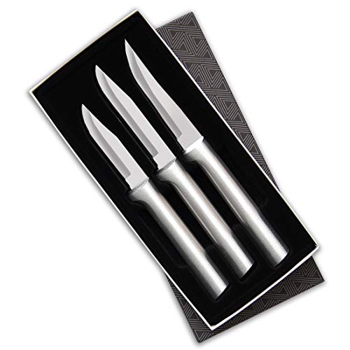 Rada Cutlery - S01 Rada Cutlery Paring Knife Set 3 Knives with Stainless Steel Blades and Brushed Aluminum Made in The USA, 7 1/8", 6 3/4", 6 1/8", Silver Handle