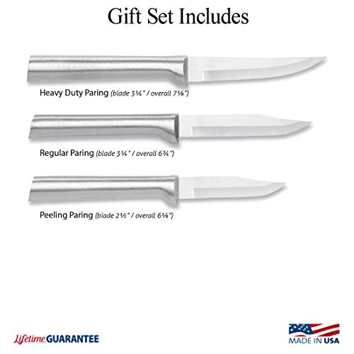 Rada Cutlery - S01 Rada Cutlery Paring Knife Set 3 Knives with Stainless Steel Blades and Brushed Aluminum Made in The USA, 7 1/8", 6 3/4", 6 1/8", Silver Handle