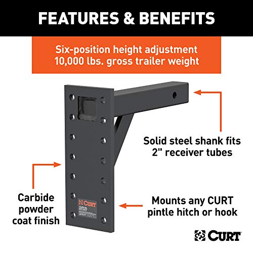 CURT 48342 Adjustable Pintle Mount for 2-Inch Hitch Receiver, 10,000 lbs, 11-1/2-Inch Drop, 12-Inch Length , black