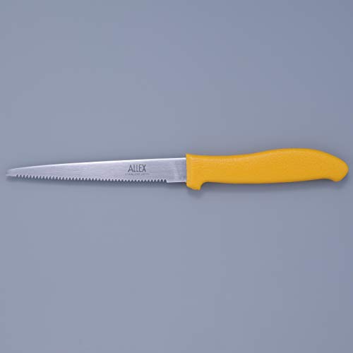 ALLEX Cardboard Cutter Tool Japanese Stainless Steel 5 Inch, Corrugated Cardboard and Styrofoam Cutter, Made in JAPAN, Serrated Sharp Blade, Yellow
