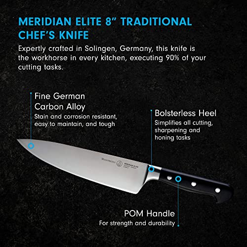 Messermeister Meridian Elite 8” Traditional Chef’s Knife - Fine German Steel Alloy Blade - Rust Resistant & Easy to Maintain