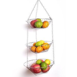 Creative Home Chrome Plated Iron Wire 3-Tier Hanging Basket Kitchen Accessory Storage Organizer, 11.8" Diam. x 31.5" H Hanging Size