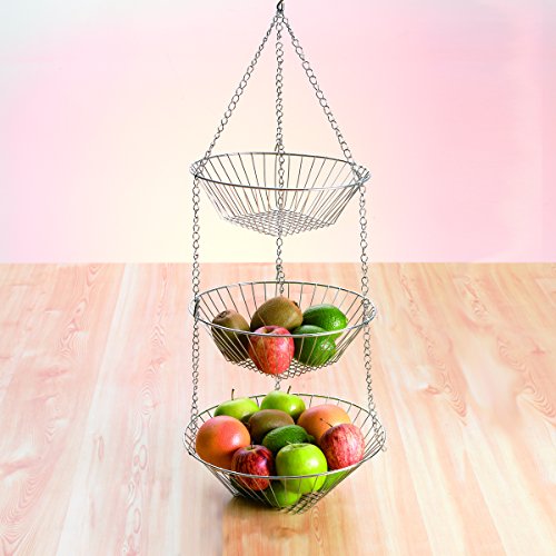 Creative Home Chrome Plated Iron Wire 3-Tier Hanging Basket Kitchen Accessory Storage Organizer, 11.8" Diam. x 31.5" H Hanging Size