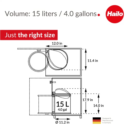 Hailo Compact-Box M Built-in Pull-Out Waste bin | 1 x 15 liters / 4.0 gallons | Lid Lift System | for hinged Door Base cabinets from 15.7 in | Stainless Steel | Made in Germany