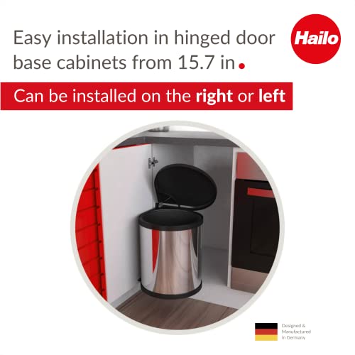 Hailo Compact-Box M Built-in Pull-Out Waste bin | 1 x 15 liters / 4.0 gallons | Lid Lift System | for hinged Door Base cabinets from 15.7 in | Stainless Steel | Made in Germany