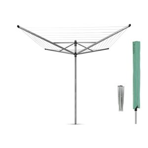 brabantia lift-o-matic outdoor 4 arm clothesline height adjustable, folding clothes drying rack + ground spike & cover, 197 feet, metallic gray