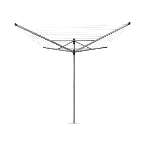 Brabantia Lift-O-Matic Outdoor 4 Arm Clothesline Height Adjustable, Folding Clothes Drying Rack + Ground Spike & Cover, 197 Feet, Metallic Gray