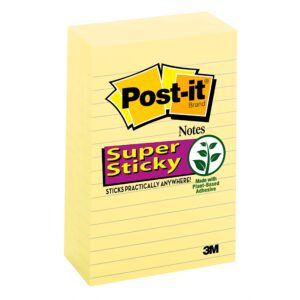 post-it super sticky notes, 4×6 in, 5 pads, 2x the sticking power, canary yellow, recyclable (660-5sscy)