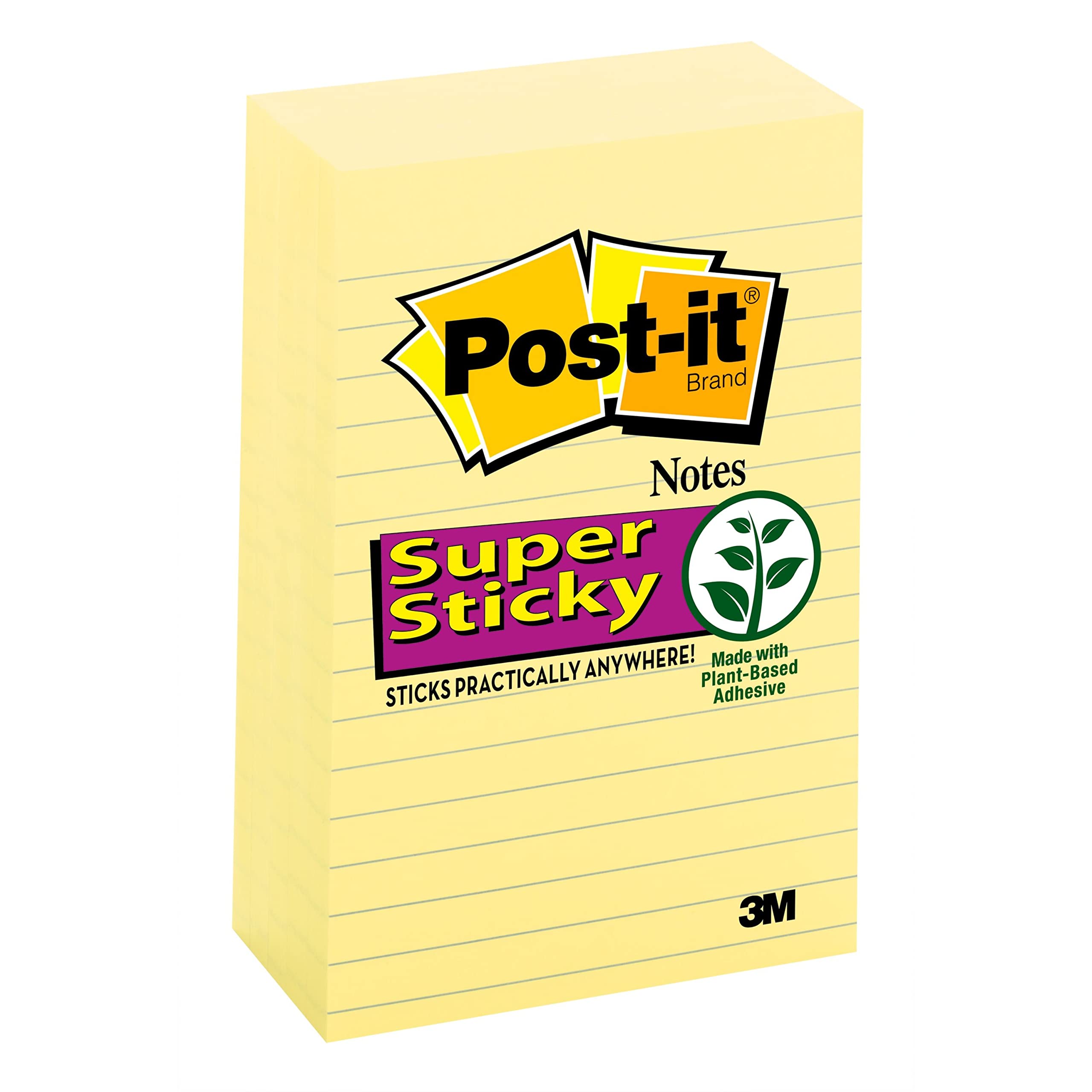 Post-it Super Sticky Notes, 4x6 in, 5 Pads, 2x the Sticking Power, Canary Yellow, Recyclable (660-5SSCY)