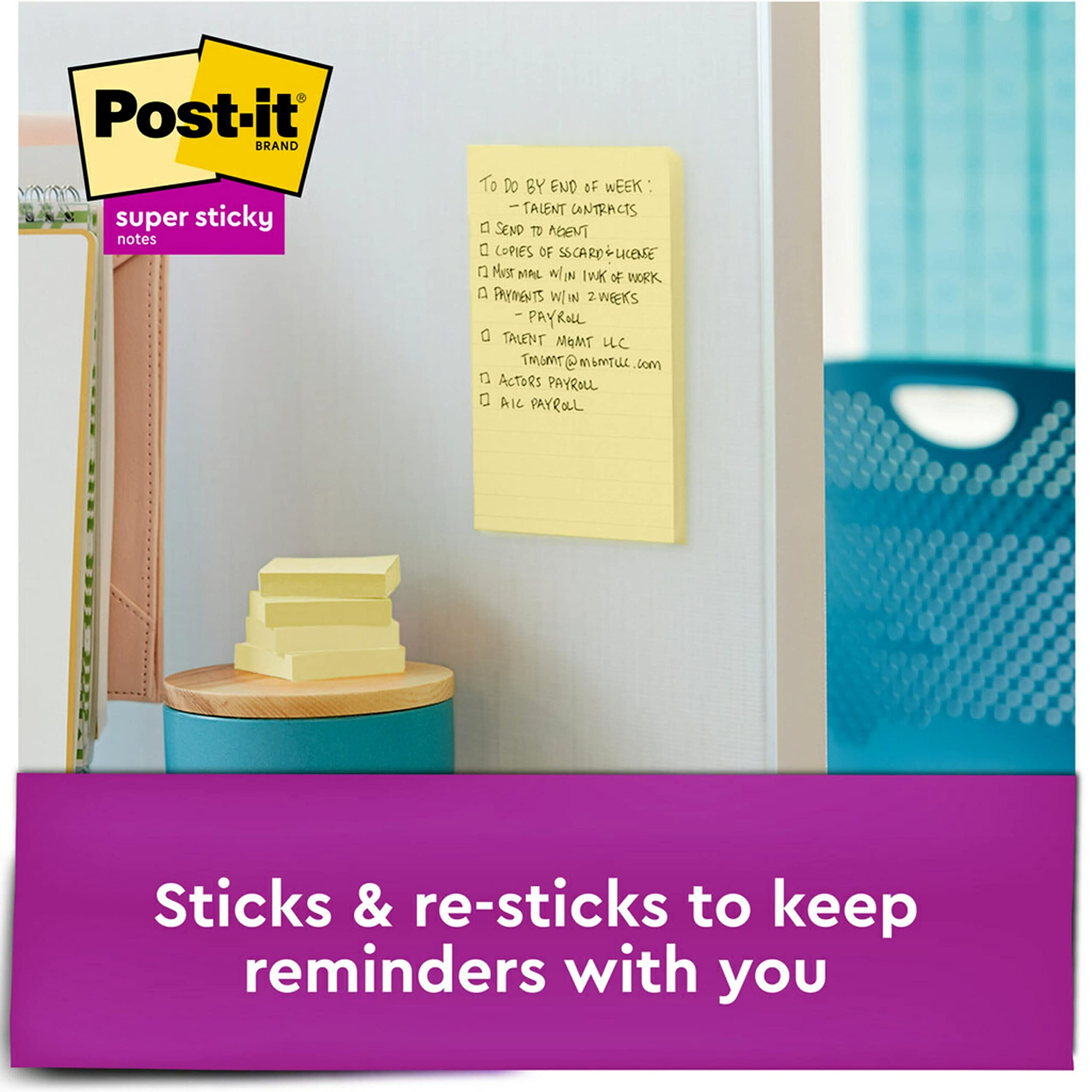 Post-it Super Sticky Notes, 4x6 in, 5 Pads, 2x the Sticking Power, Canary Yellow, Recyclable (660-5SSCY)