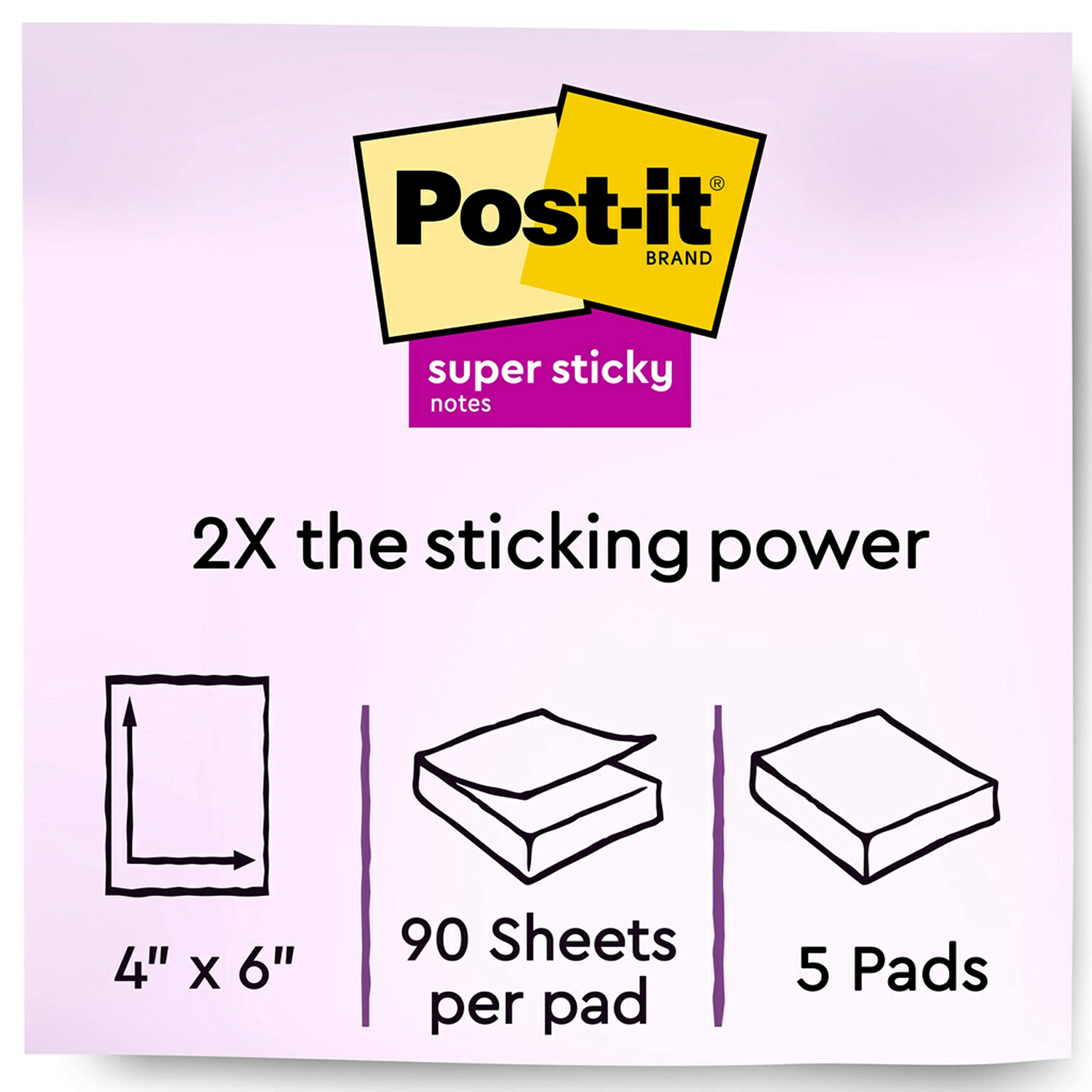 Post-it Super Sticky Notes, 4x6 in, 5 Pads, 2x the Sticking Power, Canary Yellow, Recyclable (660-5SSCY)