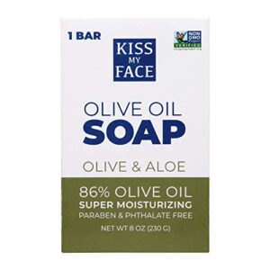 kiss my face pure olive oil soap with aloe vera, moisturizing bar soap, 8 oz bars, olive & aloe, 64 ounce (pack of 8)