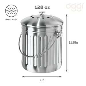 Oggi Countertop Compost Bin with Lid-1 Gallon Indoor Compost Bin Charcoal Filter, Stainless Steel Compost Container, Ideal Kitchen Compost Pail, Eco Friendly Products, (7320)