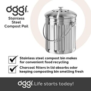 Oggi Countertop Compost Bin with Lid-1 Gallon Indoor Compost Bin Charcoal Filter, Stainless Steel Compost Container, Ideal Kitchen Compost Pail, Eco Friendly Products, (7320)