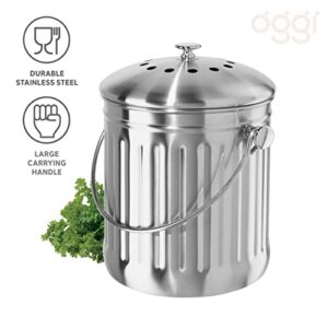 Oggi Countertop Compost Bin with Lid-1 Gallon Indoor Compost Bin Charcoal Filter, Stainless Steel Compost Container, Ideal Kitchen Compost Pail, Eco Friendly Products, (7320)