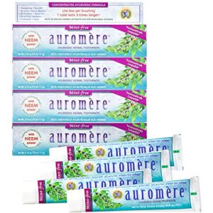 auromere ayurvedic herbal toothpaste, mint free – vegan, natural, non gmo, fluoride free, gluten free, with neem & peelu (4.16 oz), 4 pack