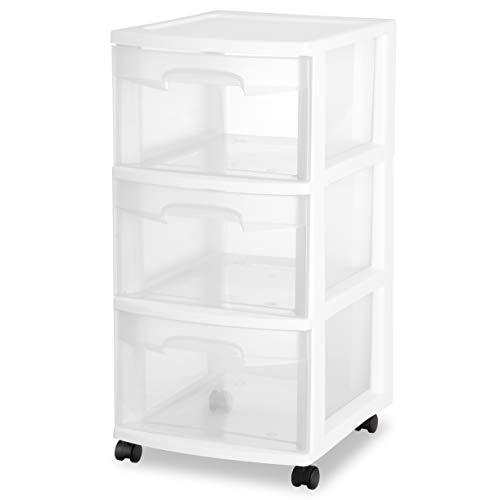 Sterilite 28308002 3 Drawer Cart, White Frame with Clear Drawers and Black Casters, 2-Pack