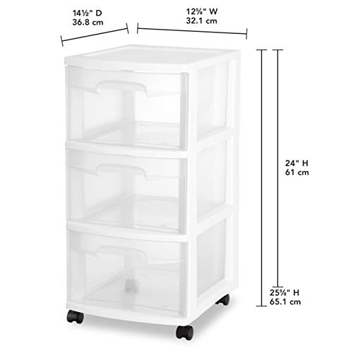 Sterilite 28308002 3 Drawer Cart, White Frame with Clear Drawers and Black Casters, 2-Pack