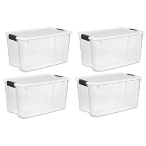 sterilite 70 qt clear plastic stackable storage bin w/white latching lid organizing solution, 4 pack