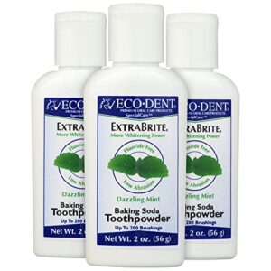 eco-dent extrabrite vegan tooth powder, low abrasion tooth whitener, fluoride free, teeth whitening powder toothpaste with baking soda, up to 200 brushings, dazzling mint (3 pack – 2 oz ea)