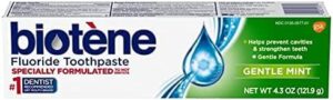 biotene fluoride toothpaste antibacterial gentle mint, 4.3 ounces each pack of 3