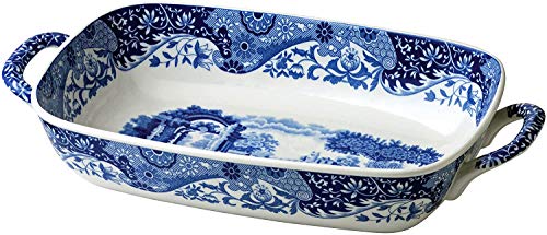 Spode Blue Italian Collection Baking Dish with Handles, Lasagna Pan, Oven to Table Baking Dish, Handled Serving Tray, Oven Safe Cookware, 11.5 x 8, (Blue/White)