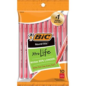 bic round stic xtra life ballpoint pen, medium point (1.0mm), red, 10-count