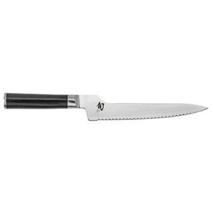 shun cutlery classic offset bread knife 8.25”, long serrations glide through bread, ideal for cakes and pastries, authentic, handcrafted, japanese serrated kitchen knife