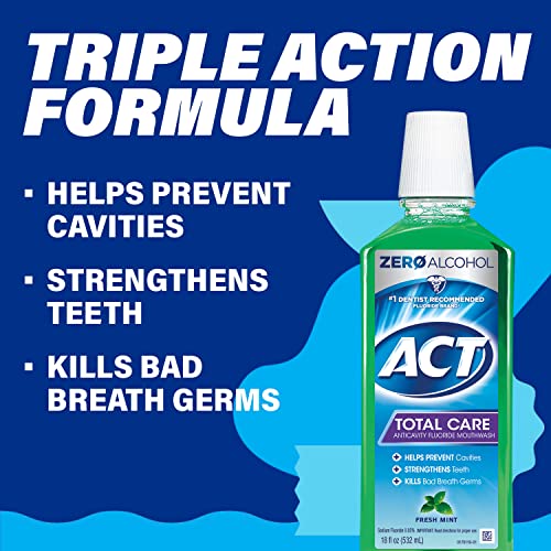 ACT Total Care Zero Alcohol Anticavity Fluoride Mouthwash 18 fl. oz. Kills Bad Breath Germs, Fresh Mint