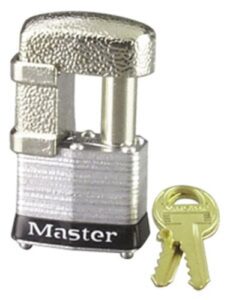 master lock 37ka shrouded laminated steel pin tumbler padlock, keyed alike, 1-9/16-inch wide body, shackle fits 9/32-inch or 1/2-inch diameter