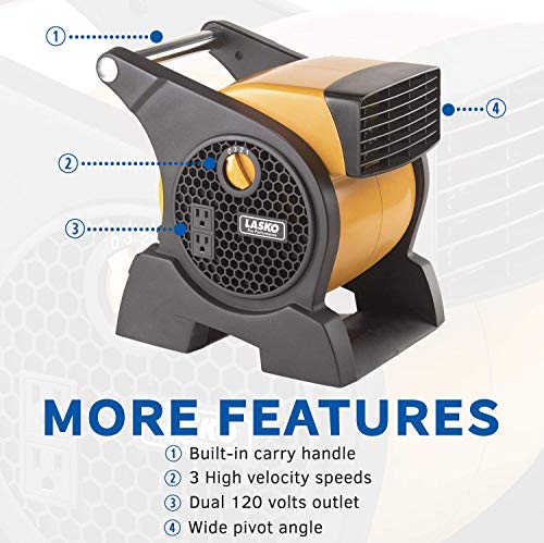 Lasko Pro-Performance High Velocity Utility Fan-Features Pivoting Blower and Built-in Outlets, 1, Yellow 4900