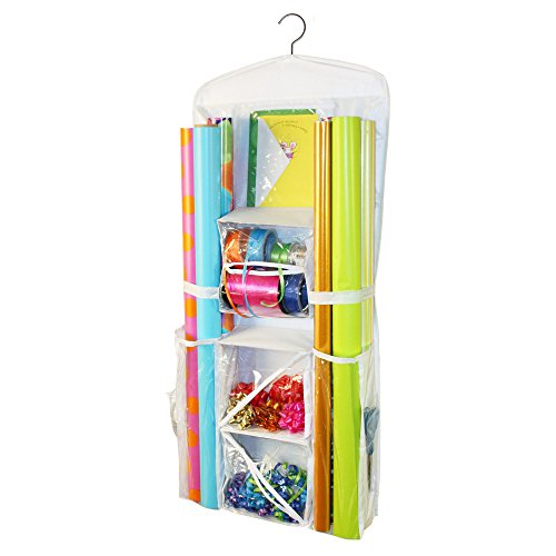 Gift Wrap Organizer - Storage for Wrapping Paper (All Sized Rolls), Gift Bags, Bows, Ribbon and More - Organize Your Closet with this Hanging Bag & Box to Have Organization, Clear Pockets & Hook Hangs