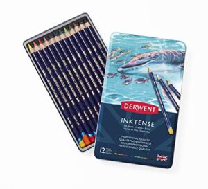 derwent inktense pencils tin, set of 12, great for holiday gifts, 4mm round core, firm texture, watersoluble, ideal for watercolor, drawing, coloring and painting on paper and fabric (0700928)
