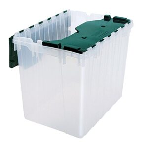 akro-mils 66497 18 gallon plastic stackable storage keepbox tote container with hinged attached lid, 21-inch l x 15-inch w x 17-inch h, clear/green