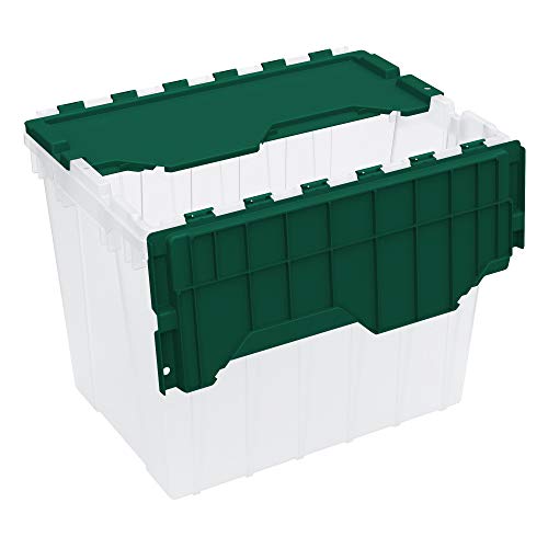 Akro-Mils 66497 18 Gallon Plastic Stackable Storage KeepBox Tote Container with Hinged Attached Lid, 21-Inch L x 15-Inch W x 17-Inch H, Clear/Green