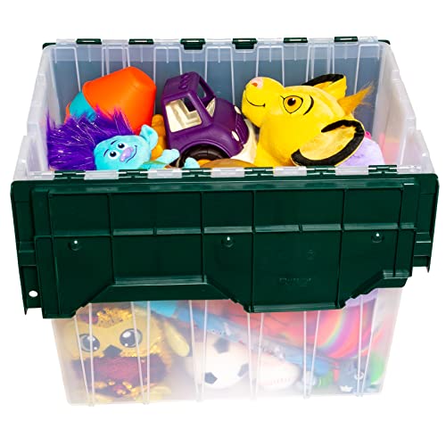 Akro-Mils 66497 18 Gallon Plastic Stackable Storage KeepBox Tote Container with Hinged Attached Lid, 21-Inch L x 15-Inch W x 17-Inch H, Clear/Green