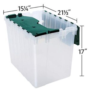 Akro-Mils 66497 18 Gallon Plastic Stackable Storage KeepBox Tote Container with Hinged Attached Lid, 21-Inch L x 15-Inch W x 17-Inch H, Clear/Green