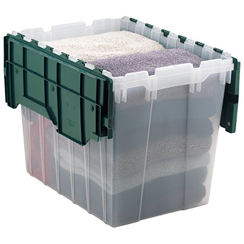 Akro-Mils 66497 18 Gallon Plastic Stackable Storage KeepBox Tote Container with Hinged Attached Lid, 21-Inch L x 15-Inch W x 17-Inch H, Clear/Green