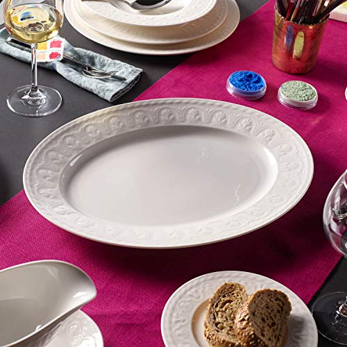 Cellini Oval Serving Platter by Villeroy & Boch - Premium Porcelain - Made in Germany - Dishwasher and Microwave Safe - Elegand Engraved Detail - White 15.75 Inches