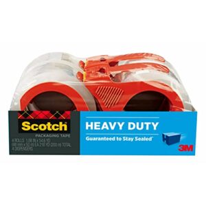 scotch heavy duty packaging tape, 1.88″ x 54.6 yd, designed for packing, shipping and mailing, strong seal on all box types, 3″ core, clear, 4 rolls (3850-4rd)