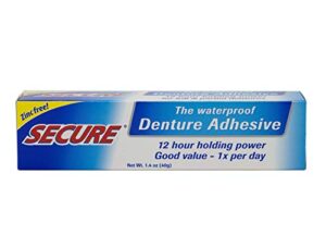 secure waterproof denture adhesive – zinc free – extra strong hold for upper, lower or partials – 1.4 oz