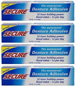 secure waterproof denture adhesive – zinc free – extra strong hold for upper, lower or partials – 1.4 oz (pack of 4)