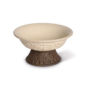 detailed embossed cream ceramic 9.5-inch dia. bowl with beautiful acanthus leaf scrolled metal base