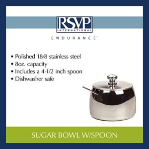 RSVP International Stainless Steel Sugar Bowl Container with Lid and 4.5" Spoon, 8 oz Capacity