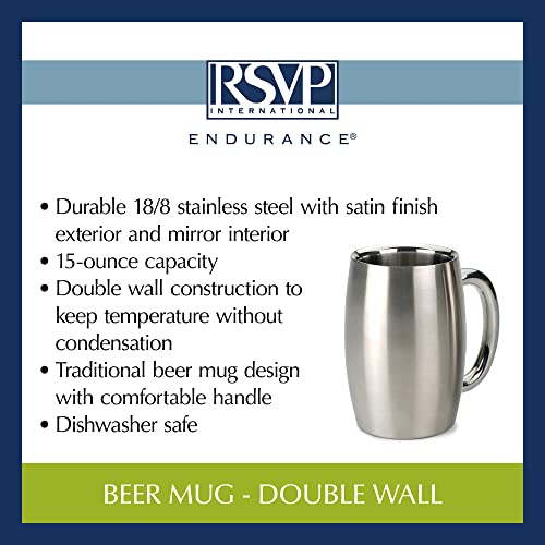 RSVP International Brushed Stainless Steel Barware Collection, Double Wall Beer Mug